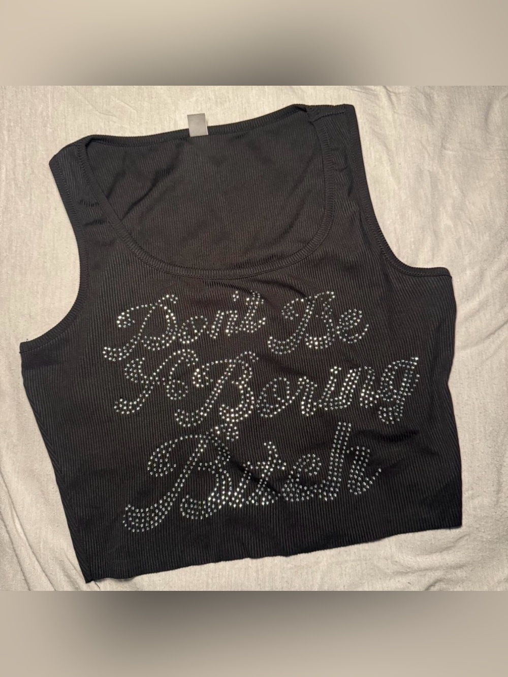 Don't Be Boring Biketop Tank - Black with Rhinestone Script
